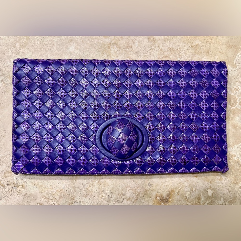 Bottega Veneta Lambskin and Snake Intrecciato Purple Clutch